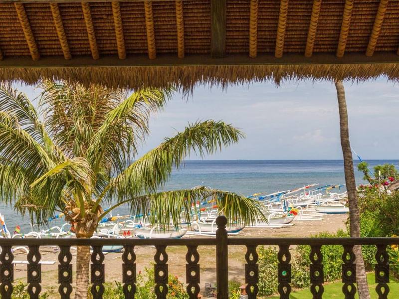 View from a beachfront terrace over palm trees to the sea and the fishing boats