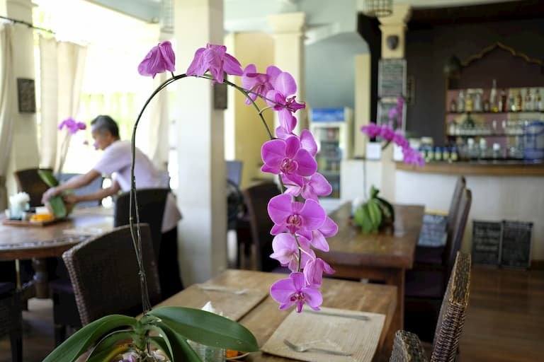 A waiter setting a table among purple orchids in the restaurant