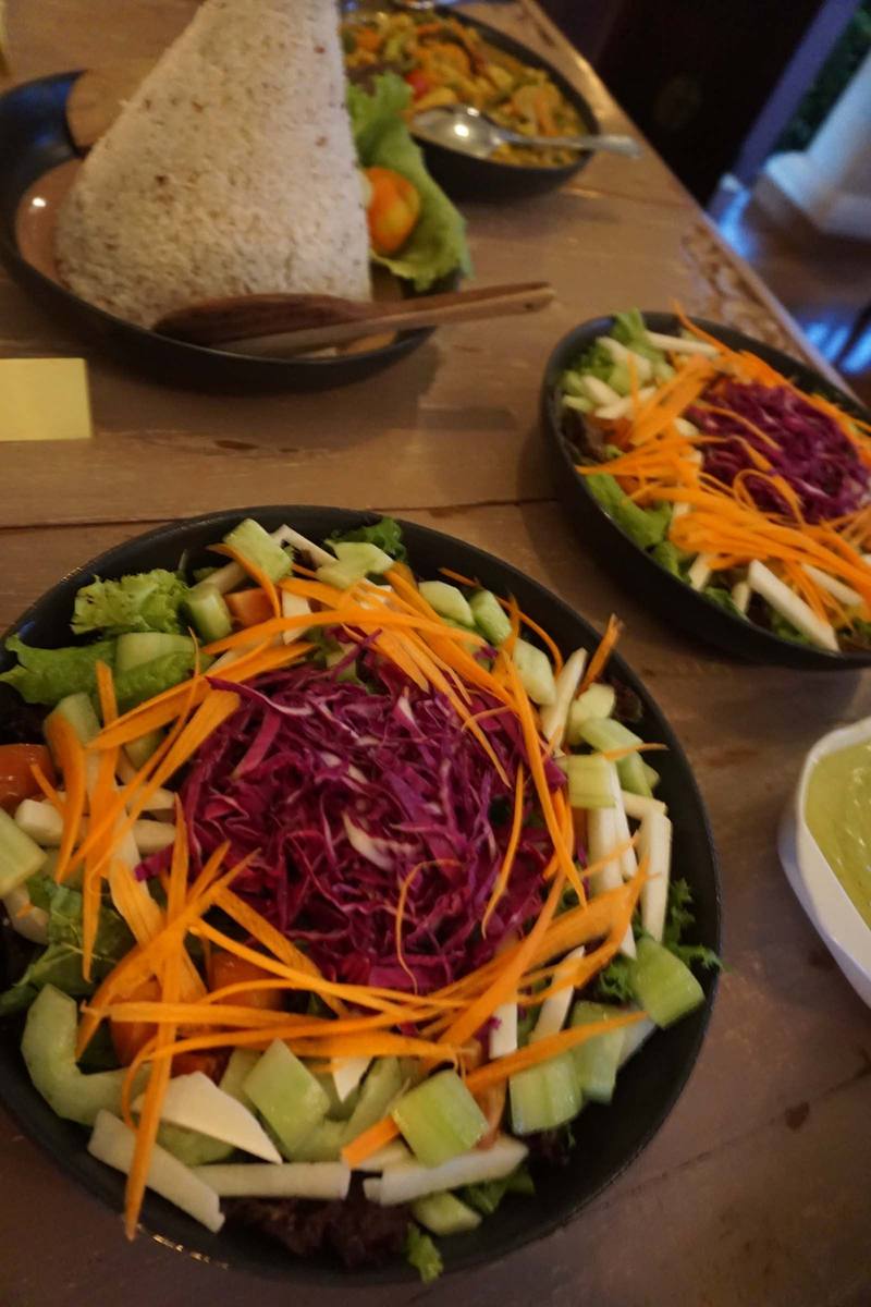 A vegan salad with shredded carrot and red cabbage
