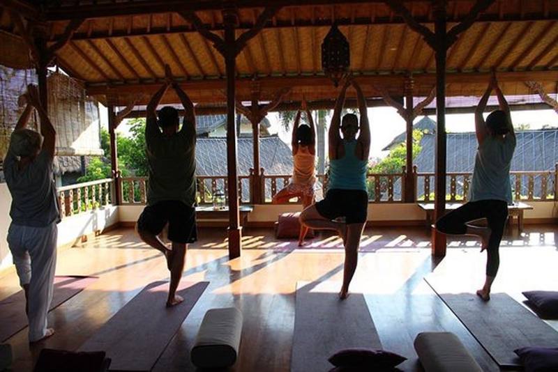 A yoga class in tree pose in the open-sided shala